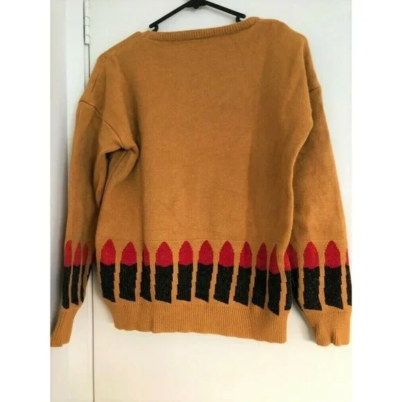Lipstick Print Mustard 100% Acrylic Pullover Knit Top XS Winter Warm Korea - Picture 2 of 3